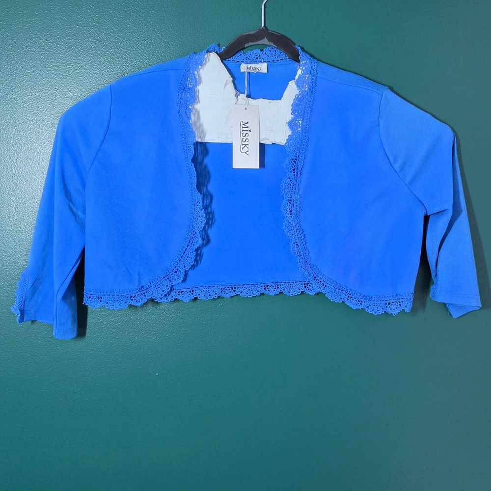 Missky Royal Blue Lace Trim Cropped Bolero Shrug Ribbed Cardigan Kids 2XL NWT